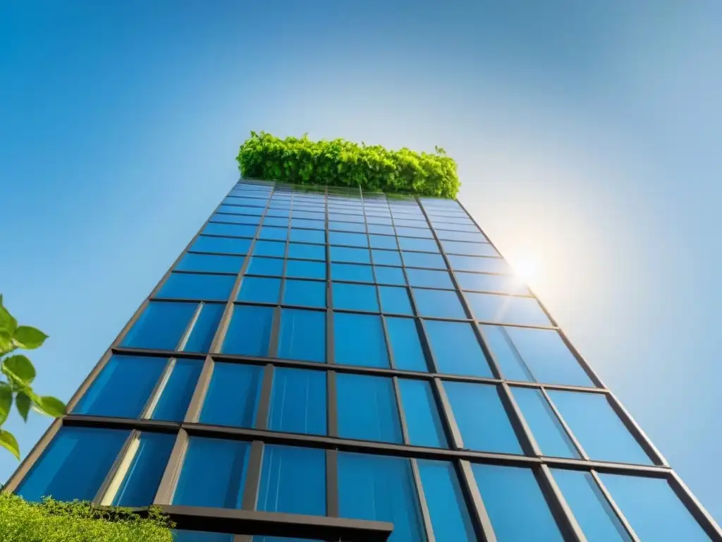 Rascacielos moderno de lujo entre vegetación exuberante Un rascacielos moderno rodeado de exuberante vegetación, con diseño elegante y características sostenibles como paneles solares y techos verdes
