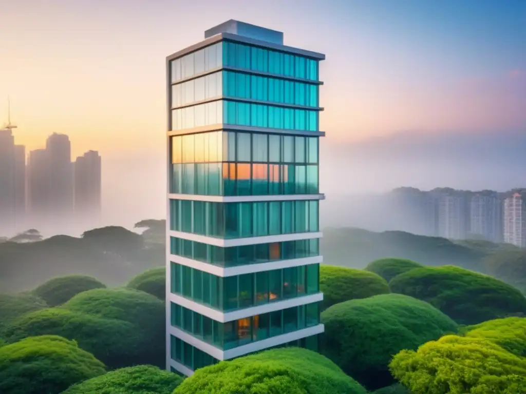 Rascacielos moderno de lujo en entorno verde Un rascacielos moderno rodeado de vegetación exuberante, con fachadas de vidrio reflejando el atardecer, destacando elegancia y sofisticación en inversiones inmobiliarias bajo diferentes regímenes de propiedad