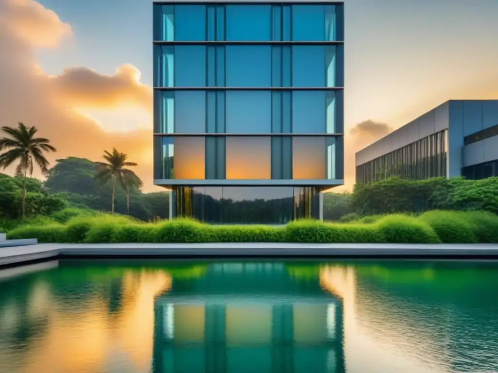 Edificio moderno de lujo en oasis urbano sereno Un rascacielos moderno rodeado de vegetación exuberante, con el sol poniéndose al fondo y bañando la fachada de vidrio en un cálido resplandor