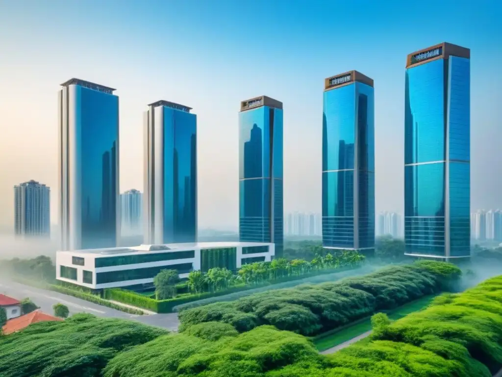 Rascacielos de lujo en entorno natural: inversión inmobiliaria sofisticada Un rascacielos moderno rodeado de exuberante vegetación, con elegante arquitectura y ventanas de cristal de piso a techo que reflejan el cielo azul