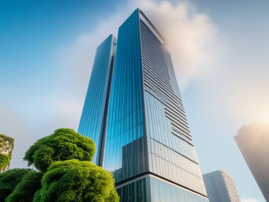 Rascacielos moderno en mercado inmobiliario exitoso Un rascacielos moderno rodeado de vegetación exuberante, reflejando éxito en el mercado inmobiliario