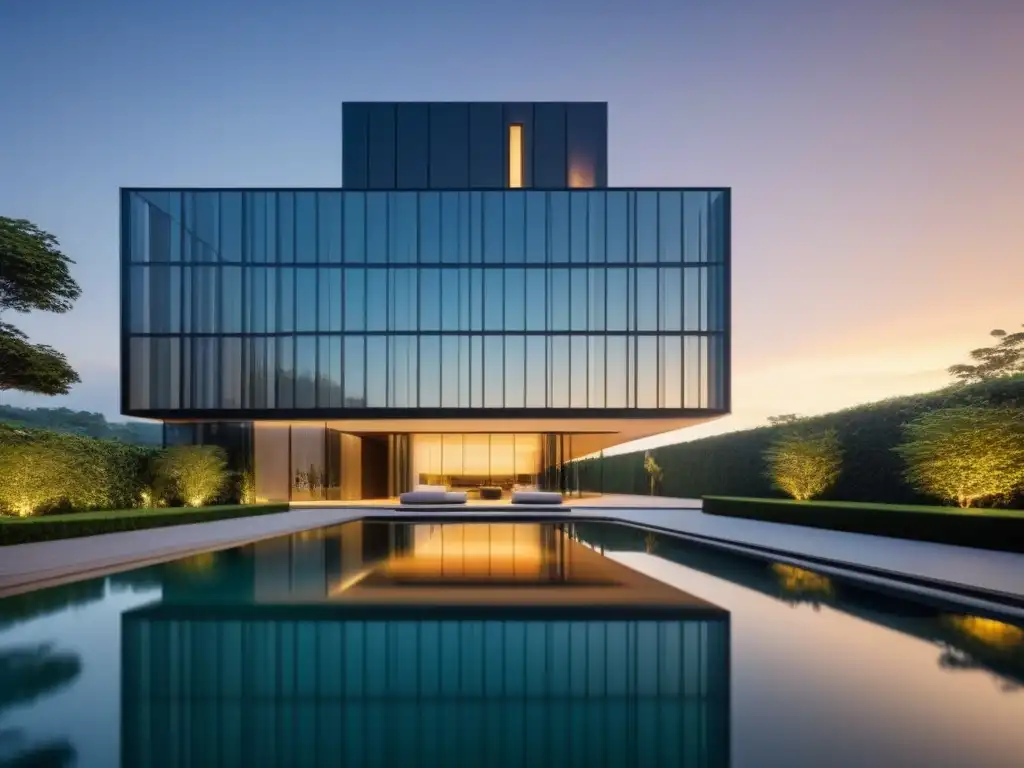 Rascacielos lujoso en entorno natural al atardecer Un rascacielos moderno rodeado de exuberante vegetación, con una piscina reflectante cristalina que refleja su elegante fachada