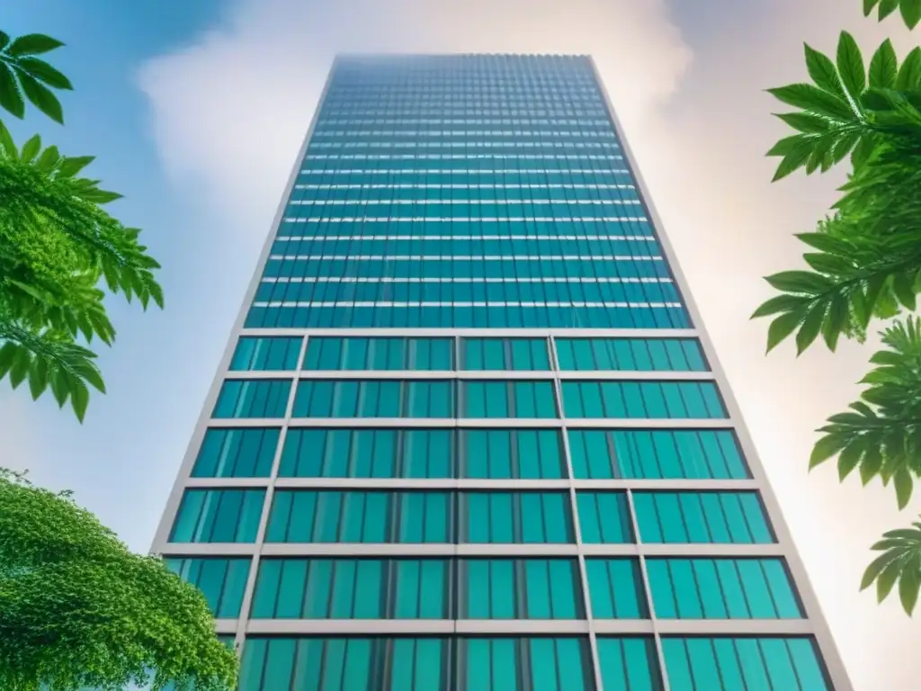 Rascacielos moderno en entorno verde: éxito en inversión inmobiliaria Un rascacielos moderno rodeado de exuberante vegetación, simbolizando el éxito en inversión inmobiliaria con préstamos puente