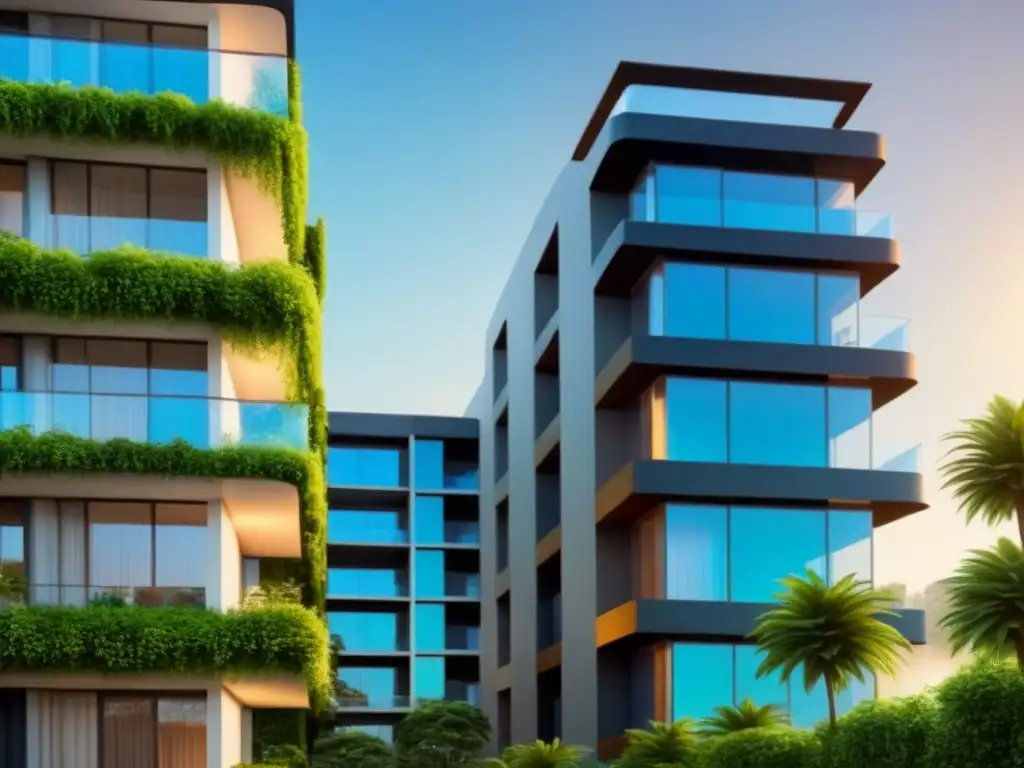 Inversión inmobiliaria exclusiva: edificio moderno en entorno natural Un rascacielos moderno rodeado de exuberante vegetación, con sombras dramáticas, ideal para inversores inmobiliarios en créditos privados