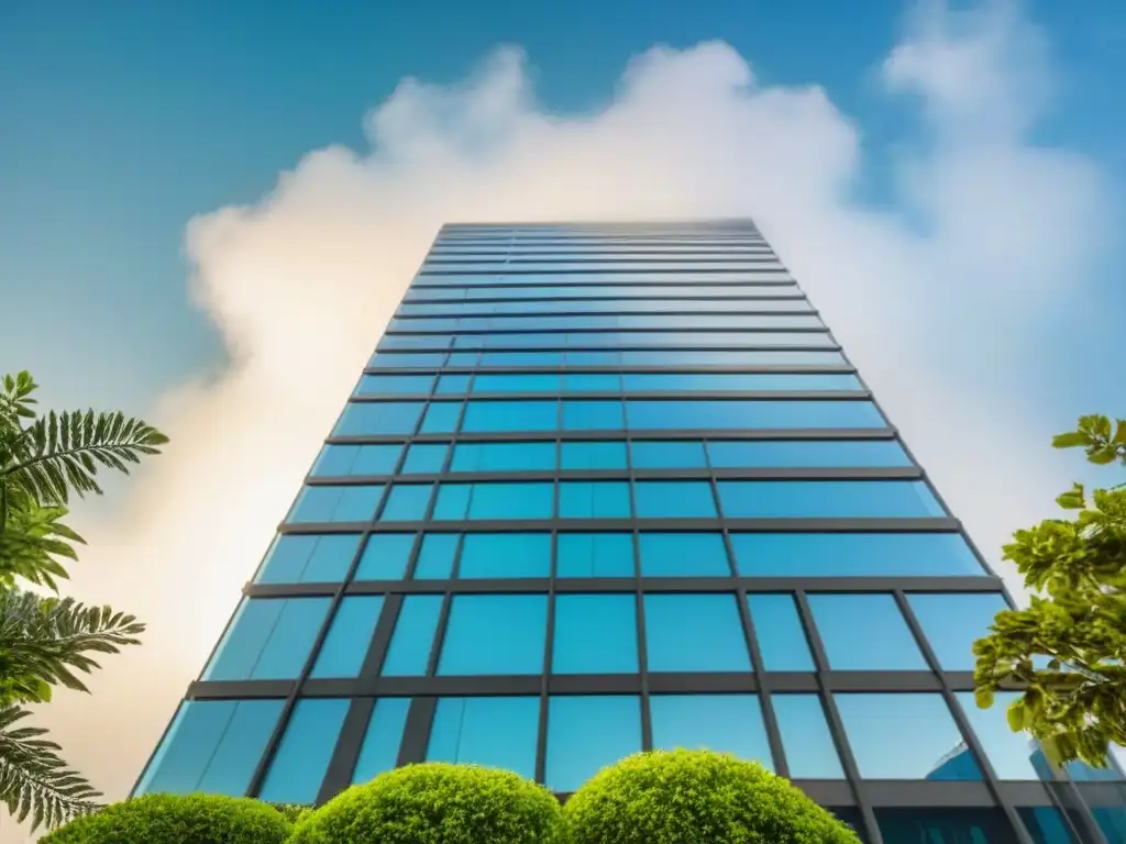 Rascacielos moderno en entorno verde: estabilidad y crecimiento en finanzas inmobiliarias Rascacielos moderno rodeado de exuberante vegetación, simbolizando crecimiento y estabilidad en el sector de finanzas estructuradas inmobiliario