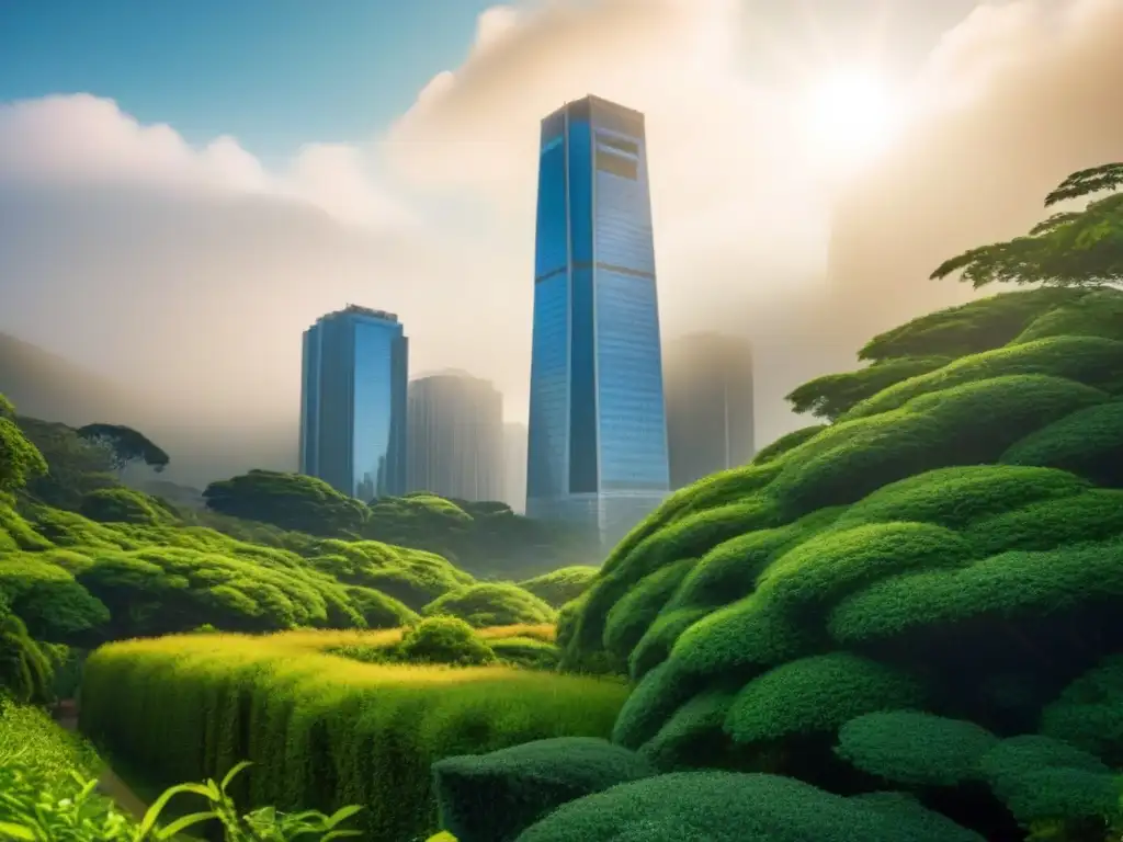 Rascacielos moderno entre vegetación exuberante Un rascacielos moderno rodeado de vegetación exuberante, con luz solar creando sombras dramáticas, fusionando naturaleza y arquitectura en la ciudad