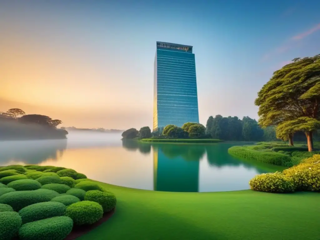 Rascacielos de lujo en entorno natural: éxito y serenidad al atardecer Un rascacielos moderno rodeado de exuberantes jardines, reflejándose en un lago sereno bajo la luz dorada del atardecer