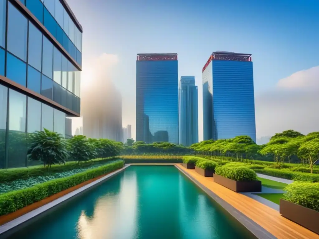 Rascacielos de lujo en jardines exuberantes Un rascacielos moderno rodeado de exuberantes jardines verdes, estanques reflejantes y paisajes intrincados