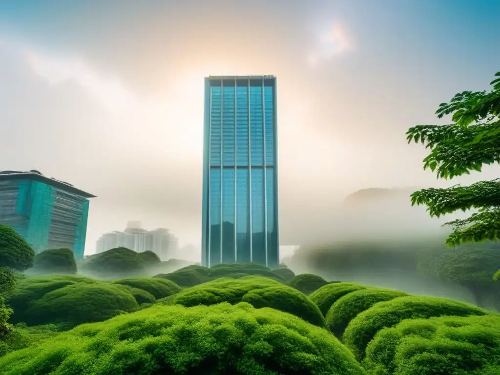 Arquitectura urbana y naturaleza: protegiendo riesgos inmobiliarios Un rascacielos moderno rodeado de vegetación, simbolizando la gestión de riesgos inmobiliarios con seguros