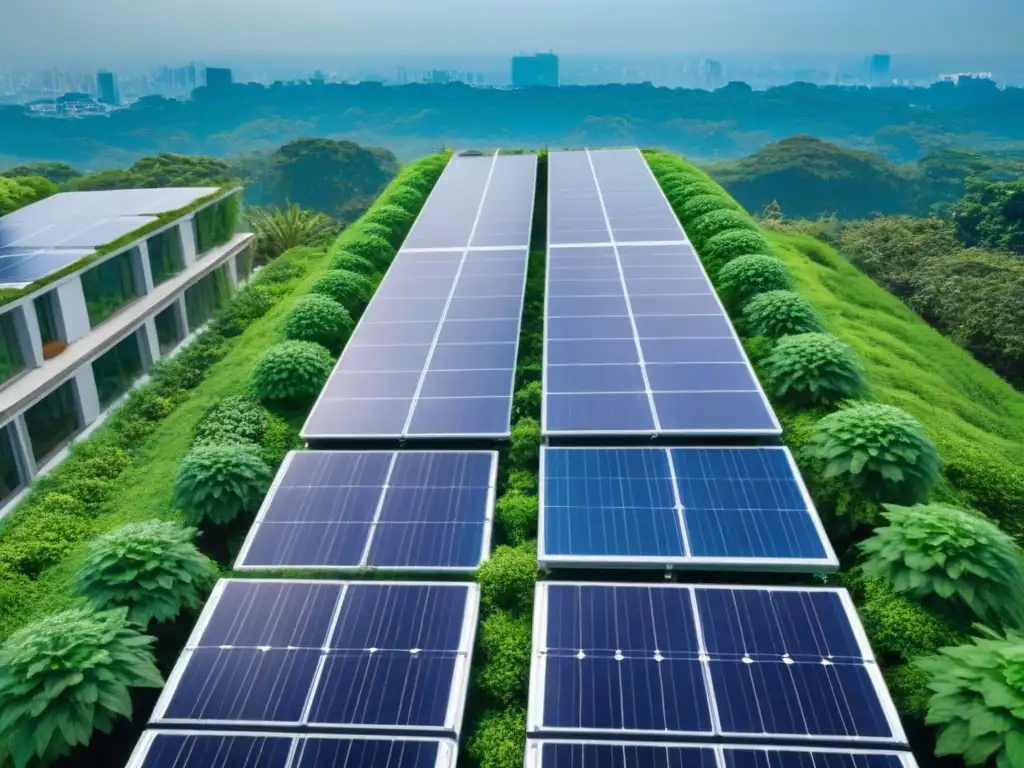 Edificio sostenible: arquitectura moderna en armonía con la naturaleza Un rascacielos moderno rodeado de naturaleza, paneles solares en el techo y arquitectura sostenible