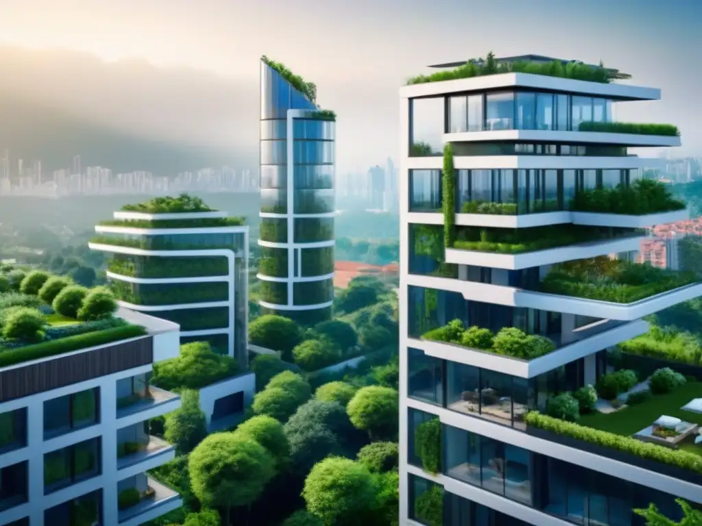 Rascacielos eco-sostenible: inversión inmobiliaria de vanguardia Rascacielos moderno rodeado de vegetación, simbolizando predicciones fondos inversión inmobiliaria en entorno sostenible
