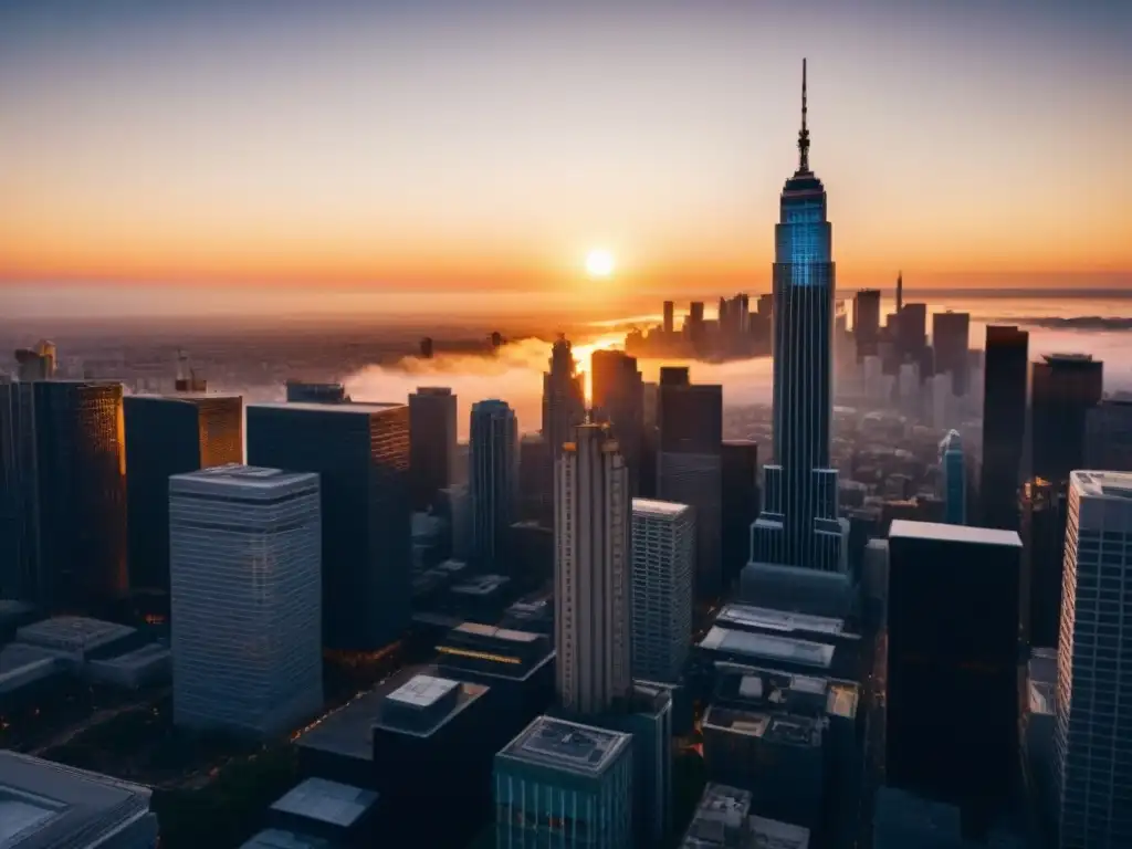 Esplendor urbano: rascacielos moderno en atardecer vibrante Un rascacielos moderno proyecta su sombra sobre una ciudad bulliciosa al atardecer, reflejando estrategias de salida inversiones inmobiliarias