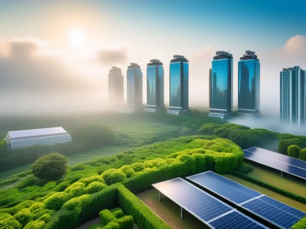 Rascacielos sostenible: mezcla perfecta de naturaleza y ciudad Un rascacielos moderno sostenible con vegetación, paneles solares y ciudad al fondo