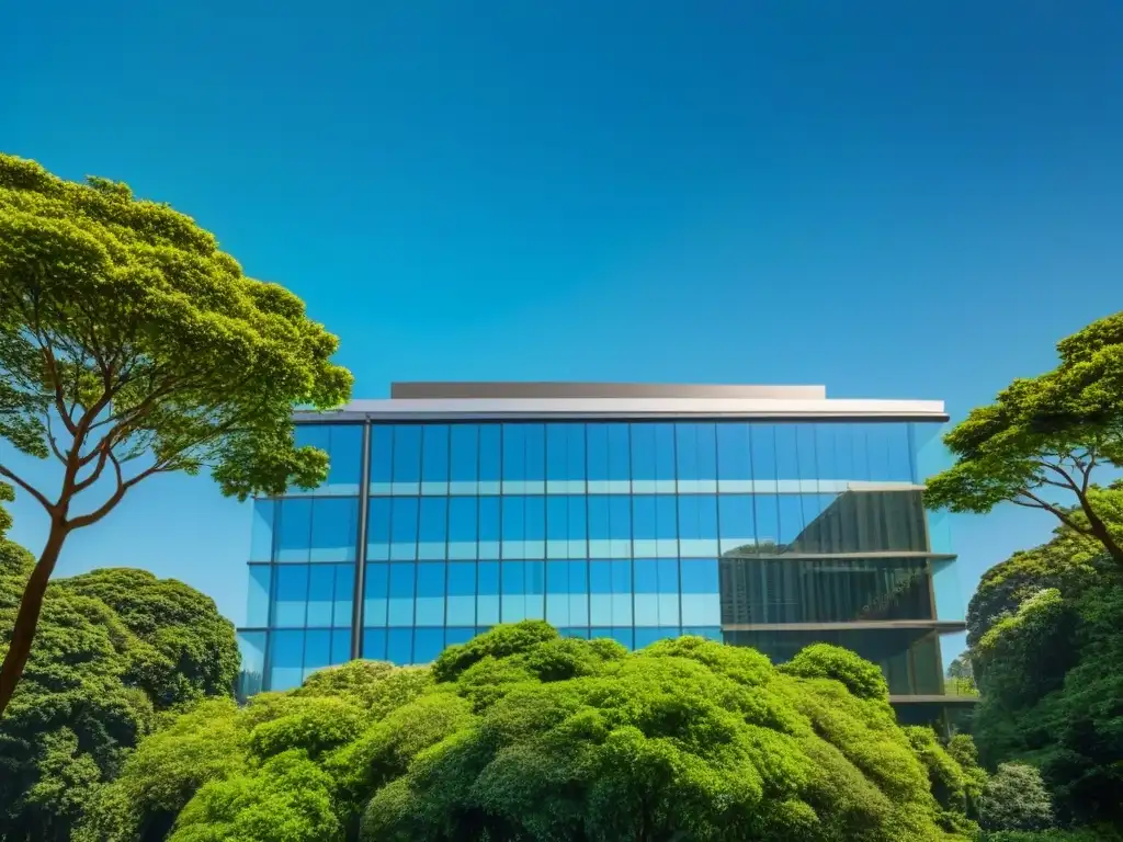 Oficina moderna: inversión dinámica en bienes raíces Un rascacielos moderno con ventanales de vidrio, rodeado de árboles verdes y una ciudad bulliciosa al fondo