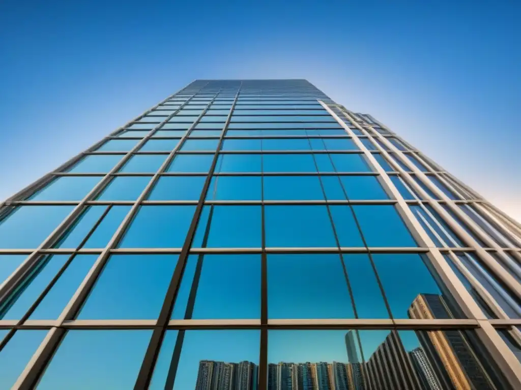 Edificio de oficinas moderno: cielo azul y ciudad vibrante Un rascacielos moderno con ventanas de cristal, reflejando el cielo azul