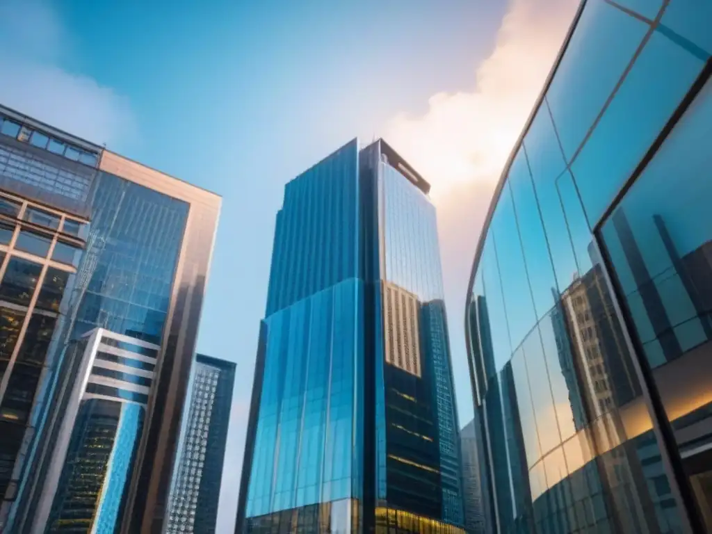Edificio moderno reflejando la ciudad: éxito en bienes raíces comerciales Un rascacielos moderno con ventanas de piso a techo reflejando el bullicioso distrito comercial de la ciudad