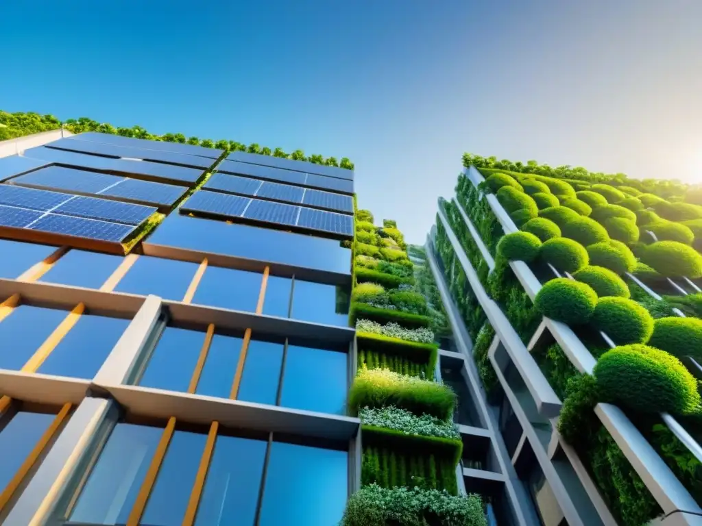 Rascacielos sostenible con jardines verticales y paneles solares Rascacielos moderno con jardines verticales verdes y paneles solares, en armonía con la ciudad