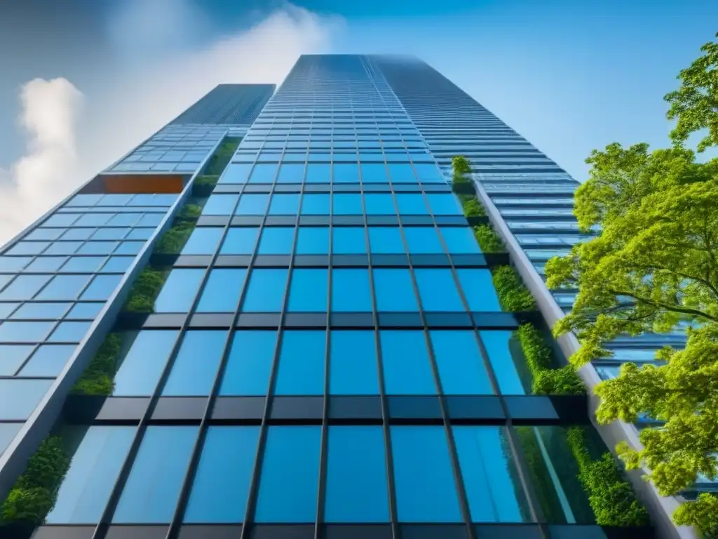 Rascacielos moderno en armonía con la naturaleza Un rascacielos moderno de vidrio rodeado de árboles verdes, reflejando el cielo azul