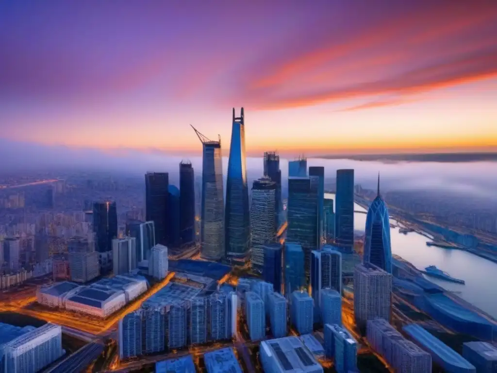 Horizonte urbano al atardecer: inversión en bienes raíces Rascacielos modernos reflejando el atardecer en la vibrante ciudad
