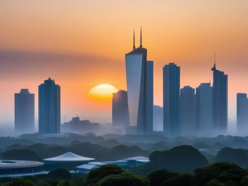Horizonte urbano moderno al atardecer: reflejos cálidos en cristal Rascacielos modernos reflejando el cálido atardecer en una ciudad, destacando la importancia de la regulación inmobiliaria y la protección