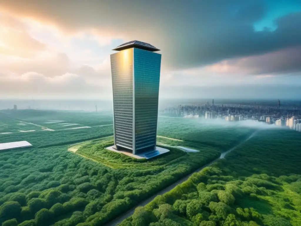 Rascacielos sostenible: naturaleza y tecnología fusionadas Rascacielos sostenible futurista con energía renovable y eficiencia energética en inversiones inmobiliarias