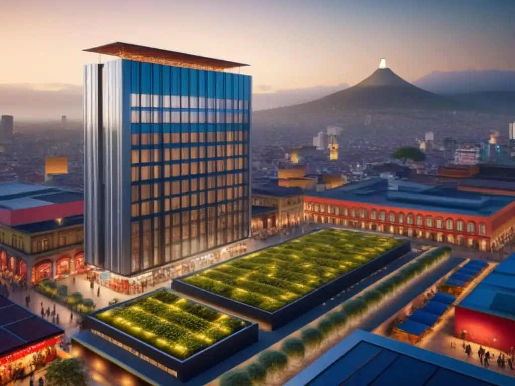 Rascacielos sustentable en CDMX: fusión futurista y tradición mexicana Un rascacielos sostenible en CDMX con paneles solares, jardines verdes y tecnología inteligente, reflejando las tendencias mercado inmobiliario México
