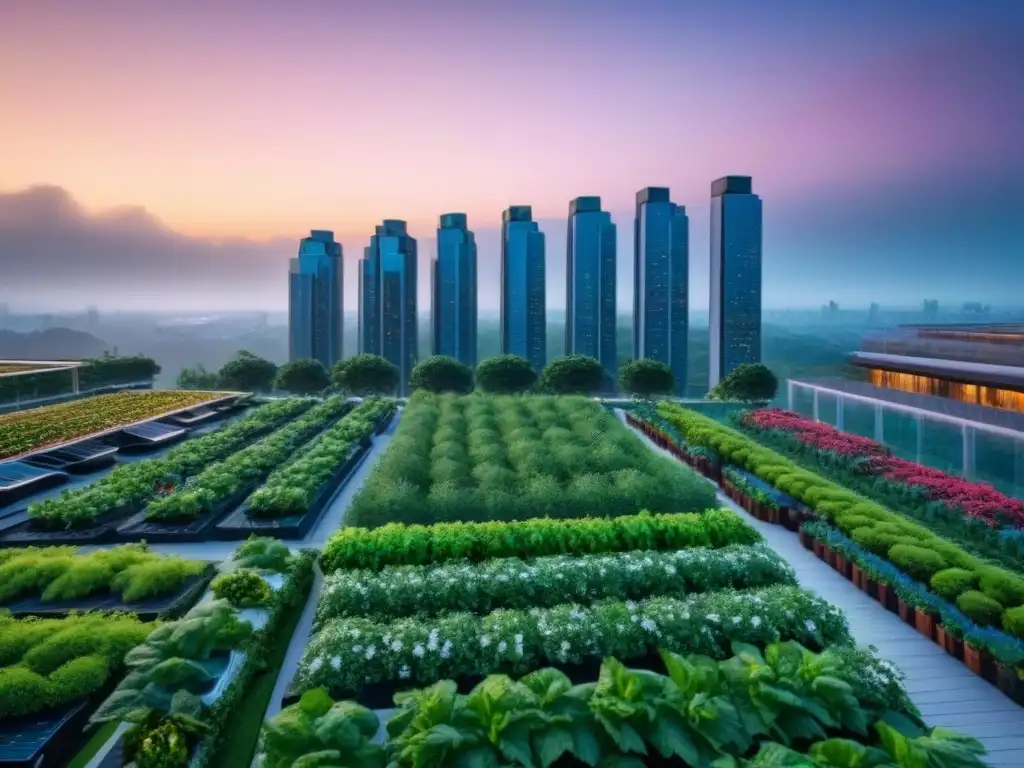 Skyline sostenible: obra maestra arquitectónica en la ciudad Un rascacielos sostenible rodeado de naturaleza en una ciudad vibrante al anochecer, reflejo de las tendencias crowdfunding inmobiliario futuro