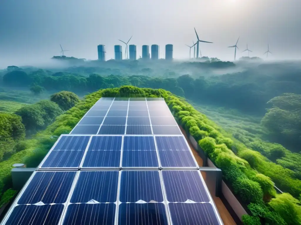 Rascacielos sostenible: armonía entre ciudad y naturaleza Un rascacielos sostenible rodeado de naturaleza, con paneles solares y turbinas eólicas
