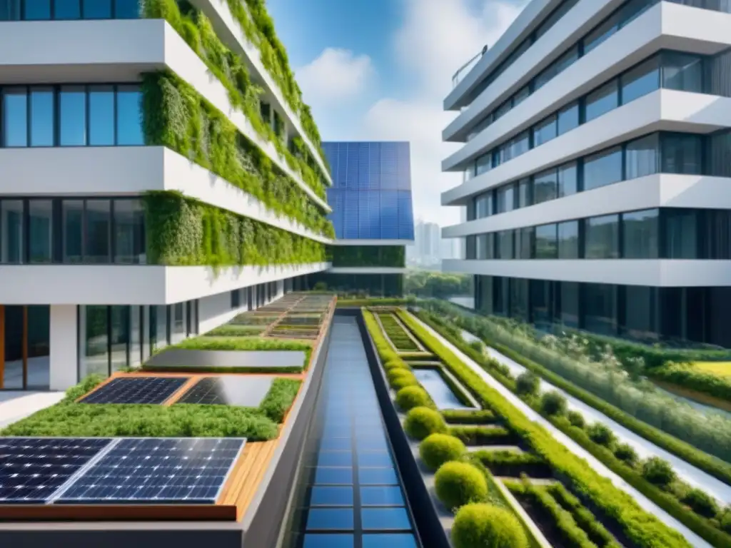 Rascacielos sostenible: innovación verde y diversidad profesional Un rascacielos sostenible rodeado de vegetación, paneles solares y profesionales discutiendo