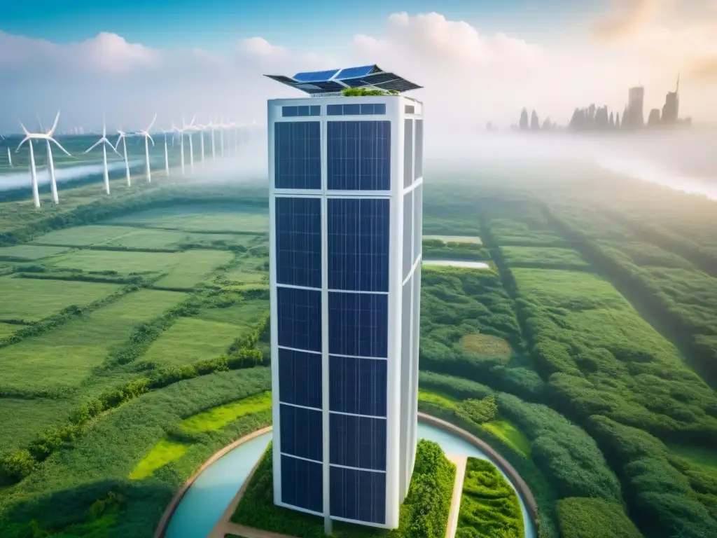 Rascacielos sostenible futurista rodeado de naturaleza exuberante Un rascacielos sostenible rodeado de vegetación, con paneles solares y jardines en la azotea