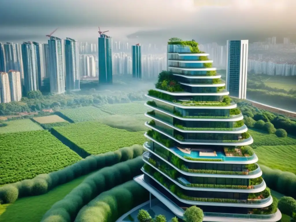 Rascacielos sostenible: arquitectura futurista ecológica en ciudad Un rascacielos sostenible, con vegetación integrada, paneles solares y turbinas eólicas