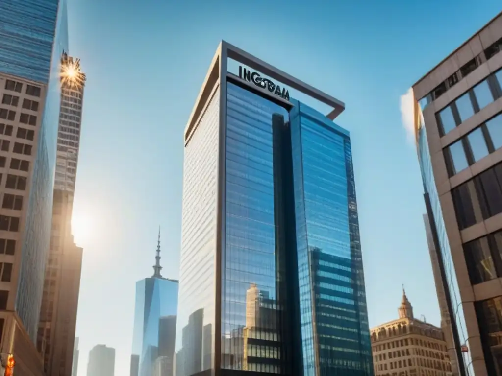 Edificio de vidrio moderno en la ciudad: símbolo de estabilidad en hipotecas Rascacielos de vidrio en el distrito financiero, reflejando la ciudad