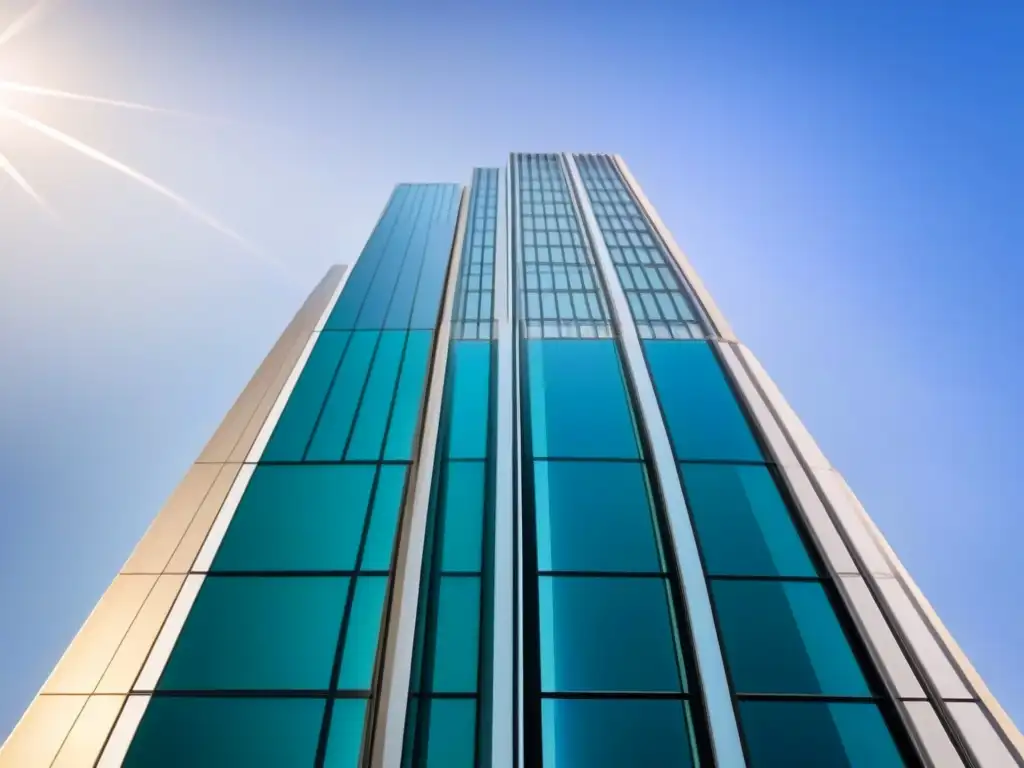 Rascacielos de vidrio transparente: integridad en bienes raíces Un rascacielos de vidrio transparente contra un cielo azul, simbolizando la ética en el mercado inmobiliario