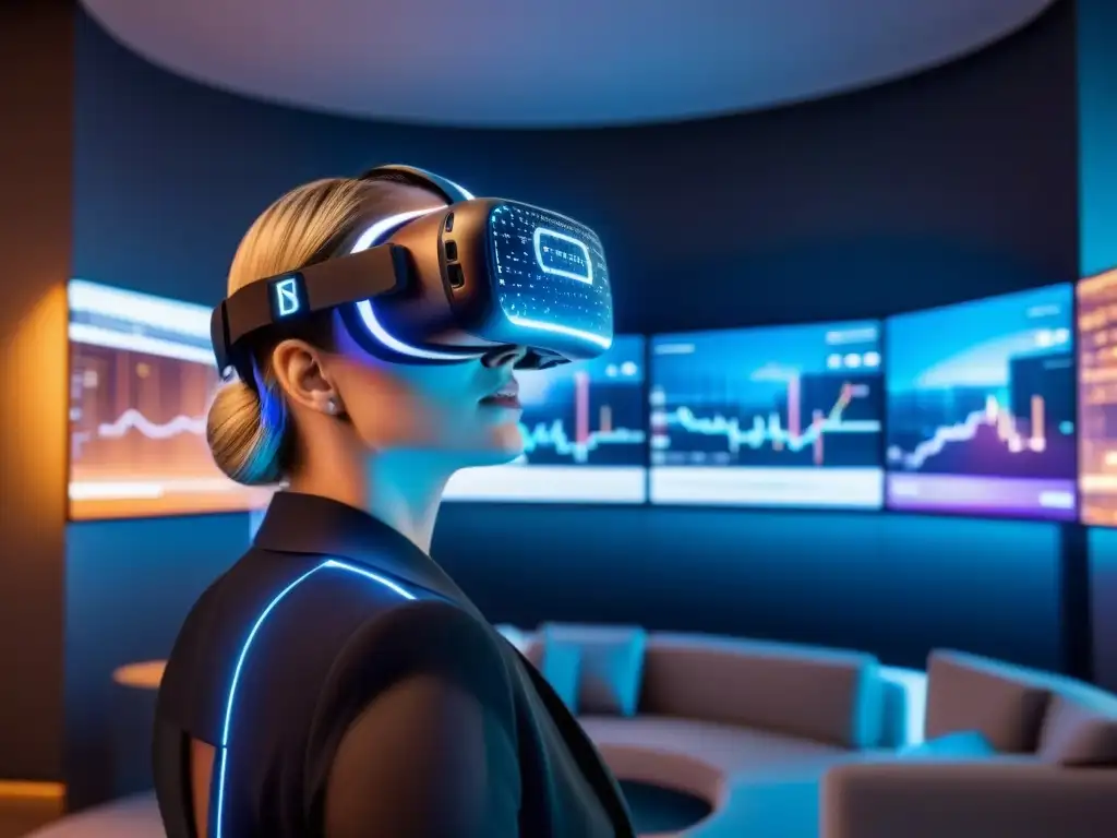 Headset VR futurista para análisis de cartera inmobiliaria Realidad virtual futurista: auriculares con circuitos brillantes en sala tecnológica, datos inmobiliarios y gráficos de análisis financiero