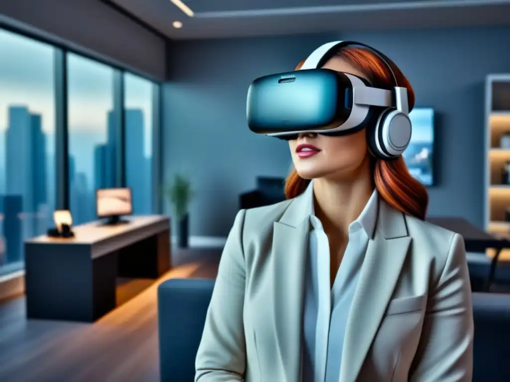 Experimenta la Realidad Virtual en Bienes Raíces de Lujo Inmersión en realidad virtual en inmobiliaria futura en elegante oficina de alta tecnología