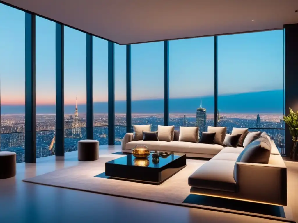 Penthouse de lujo con vista panorámica y realidad virtual Realidad Virtual en venta inmobiliaria: Lujoso ático moderno con vistas panorámicas de la ciudad al atardecer y diseño elegante