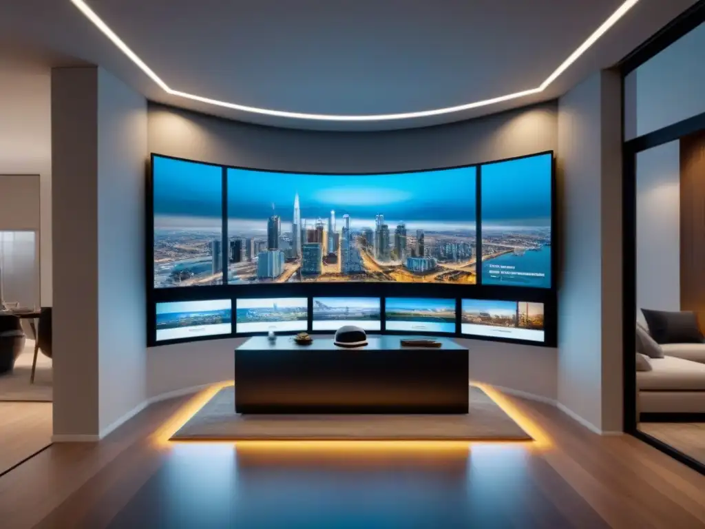 Tour inmersivo de propiedad de lujo en realidad virtual Explora la realidad virtual en visitas inmobiliarias con profesionales impresionados en una oficina futurista