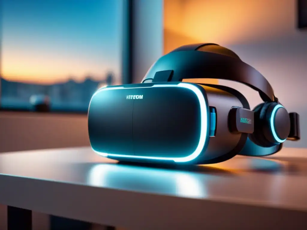 Realidad virtual: innovación y sofisticación en un headset de vanguardia Realidad virtual en visitas inmobiliarias: Moderno auricular VR en elegante escritorio futurista iluminado
