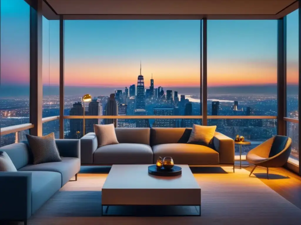 Sala de estar de lujo con vista panorámica a la ciudad al atardecer Realidad virtual en visitas inmobiliarias: Sala de estar lujosa con vista a la ciudad al atardecer