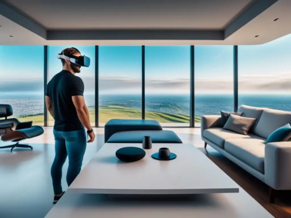 Realidad virtual inmersiva en sala moderna Realidad virtual para comprar viviendas a distancia en un entorno futurista y elegante