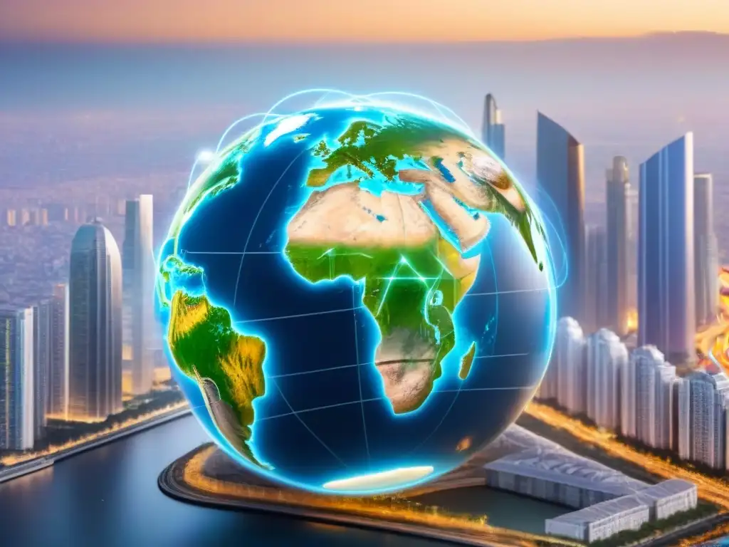 Inversiones inmobiliarias globales: red financiera internacional Una red global de propiedades inmobiliarias interconectadas por transacciones financieras, simbolizando inversiones internacionales