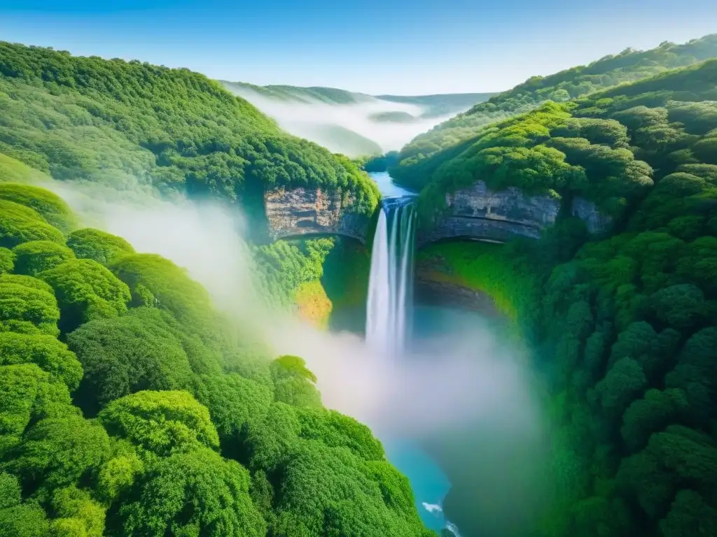 Senderos de bosque verde: cascada majestuosa y serenidad natural Red de senderos en exuberante bosque verde, cascada majestuosa y cielo azul