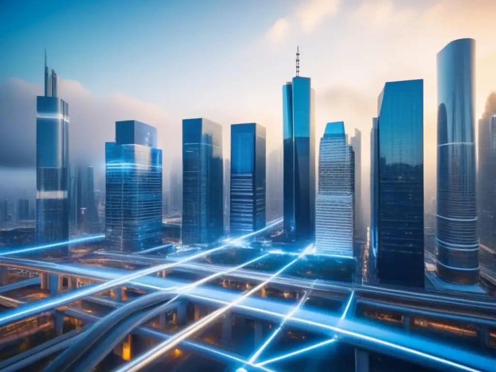 Redes sociales urbanas: iconos conectados en ciudad futurista Redes sociales inmobiliarias: iconos conectados en ciudad futurista
