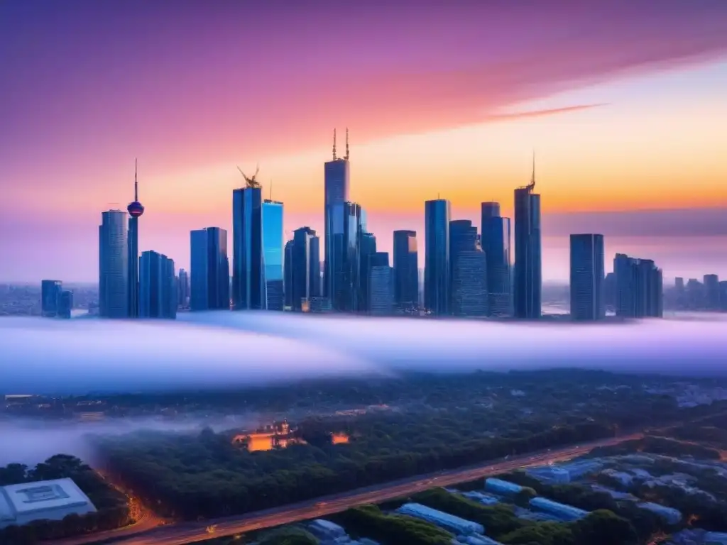 Horizonte urbano al atardecer: finanzas inmobiliarias en alza Refinanciamiento en el mercado inmobiliario: cielo urbano moderno al atardecer, rascacielos de vidrio reflejando tonos anaranjados y rosados del cielo