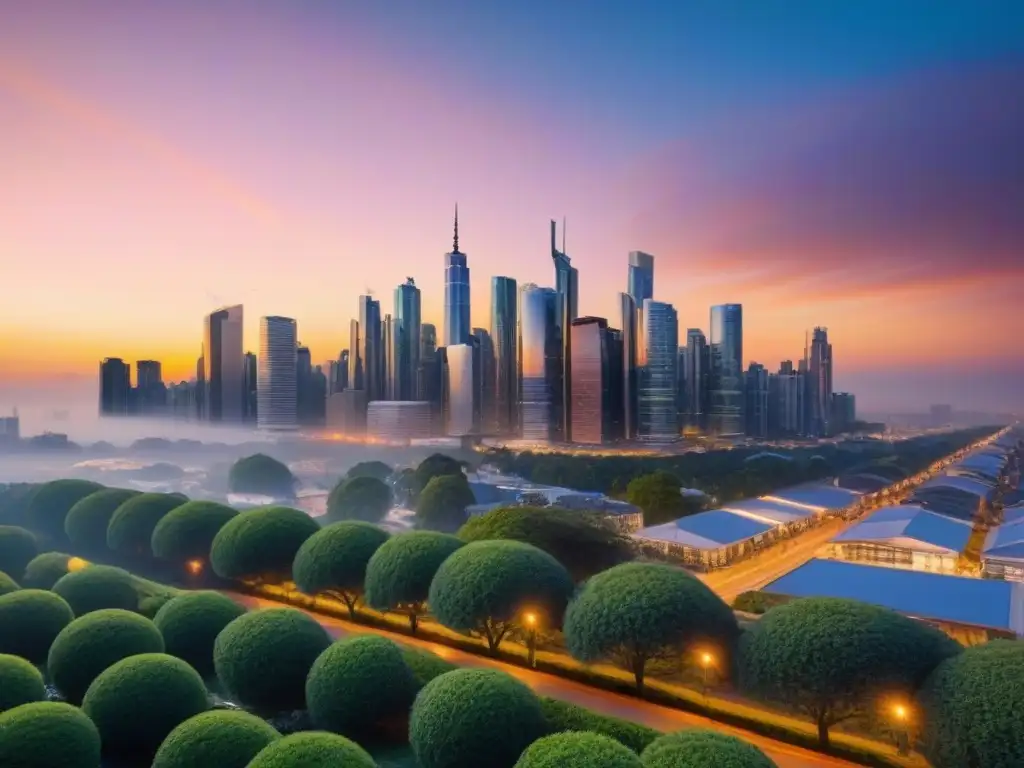 Horizonte urbano moderno: reflejos al atardecer Refinanciamiento mercado inmobiliario impacto: Atardecer reflejado en modernos rascacielos, simbolizando crecimiento y oportunidad