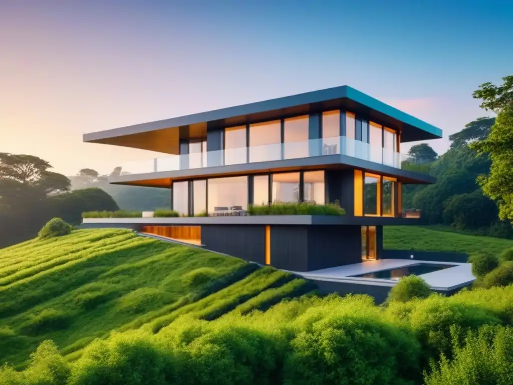 Arquitectura sostenible en paisaje verde: diseño moderno en armonía Un reflejo armónico entre arquitectura moderna y naturaleza, resaltando la importancia del arquitecto especializado en proyectos verdes