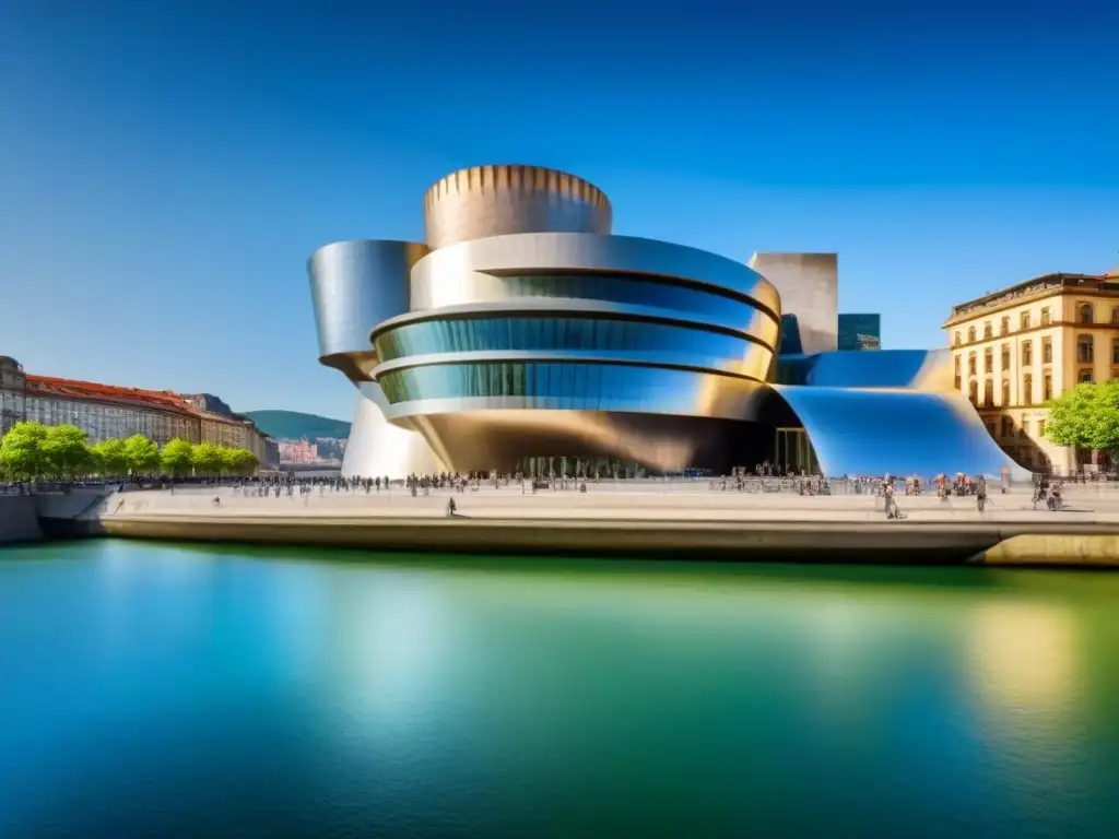 Arquitectura futurista del Guggenheim en Bilbao Reflejo del Guggenheim Museum en Bilbao, resaltando su arquitectura futurista y su importancia como edificio emblemático de la identidad cultural