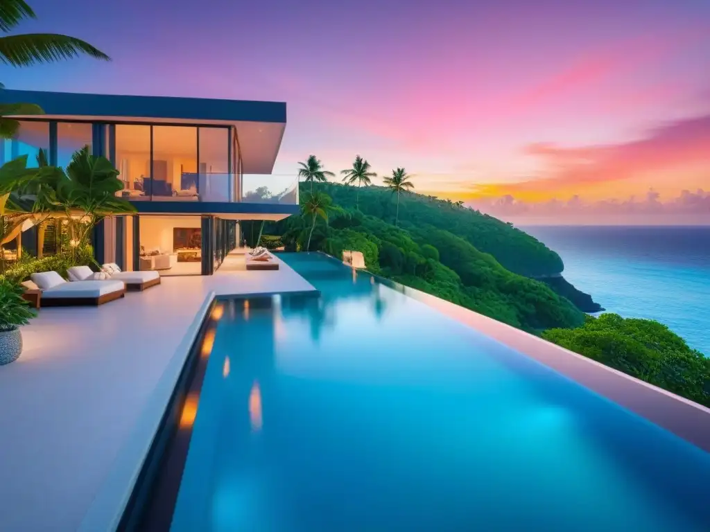 Villa de lujo en acantilado con vista al mar Caribe Refugio de lujo en Sudamérica: Villa moderna en acantilado con piscina infinita y vistas al mar caribe al atardecer