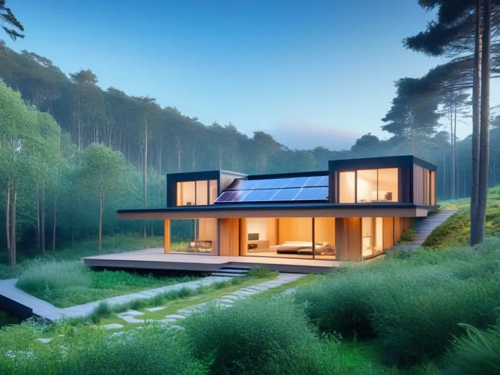 Casa sostenible en bosque: arquitectura ecofriendly y naturaleza Refugio de madera sustentable integrado en bosque verde con innovadoras técnicas construcción madera sustentable