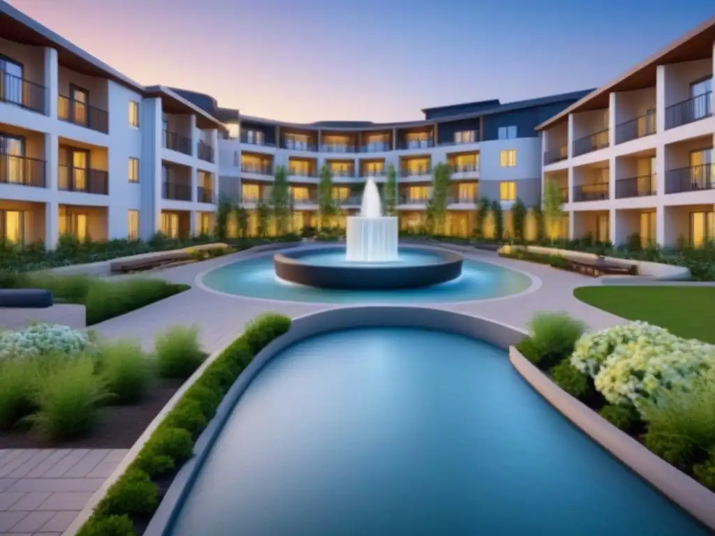 Comunidad de retiro moderna y serena con áreas verdes y espacios elegantes Un refugio sereno para jubilados, con amplios apartamentos, zonas verdes y un área central con asientos cómodos y una fuente relajante